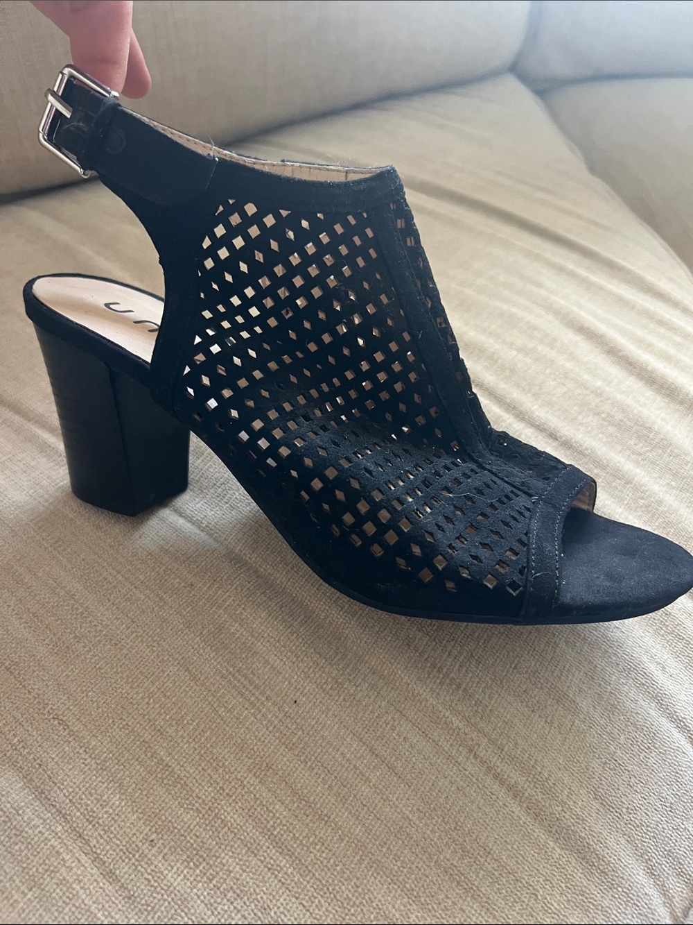UNISA Women's Black Laser-Cut Block Heel Sandal with Ankle Buckle